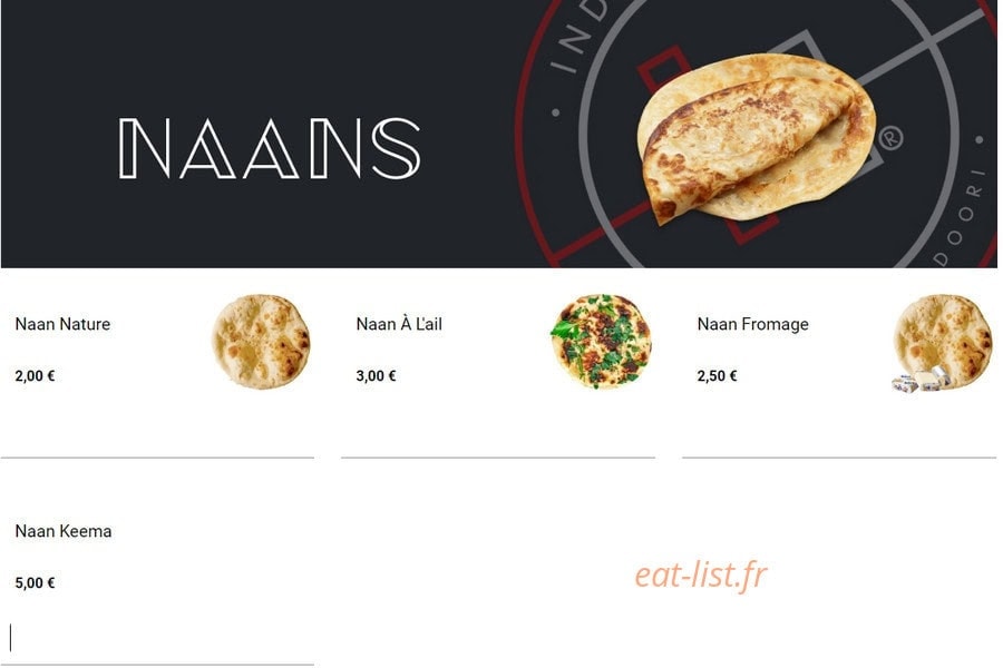 Carte et menu de India naan la tour du pin à La Tour du Pin — Les naans