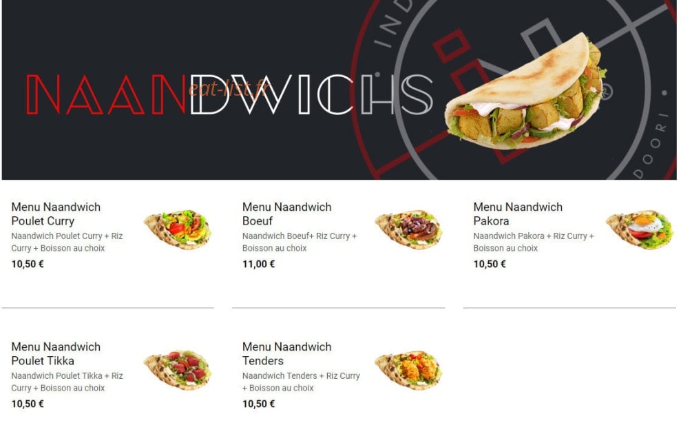 Carte et menu de India naan la tour du pin à La Tour du Pin — Les naaans dwichs menus