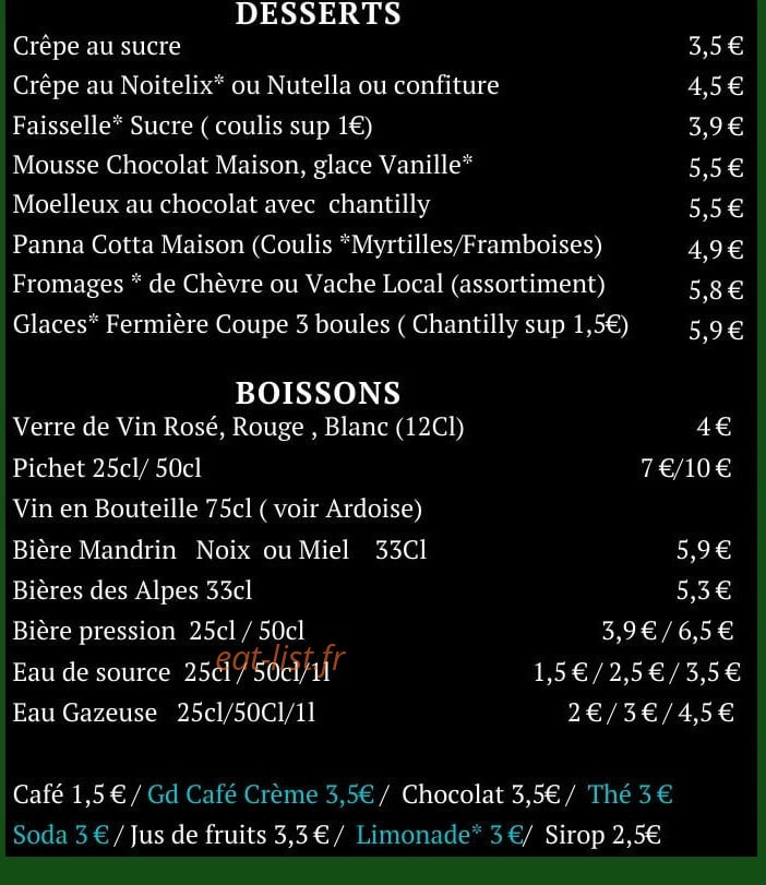 Carte et menu de La Pause Marmotte 1300 à Autrans-Méaudre en Vercors — Les desserts et boissons