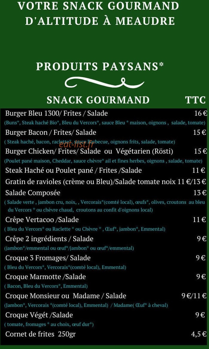 Carte et menu de La Pause Marmotte 1300 à Autrans-Méaudre en Vercors — Les snacks gourmands