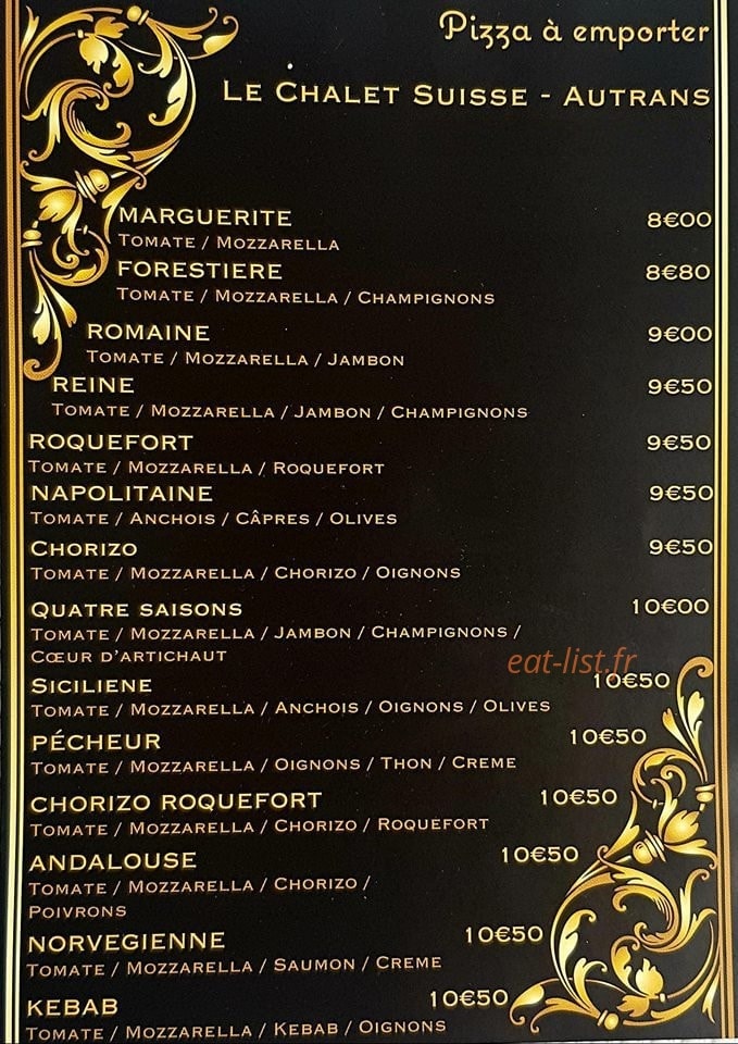 Carte et menu de Le Chalet Suisse à Autrans-Méaudre en Vercors — Pizzas à emporter