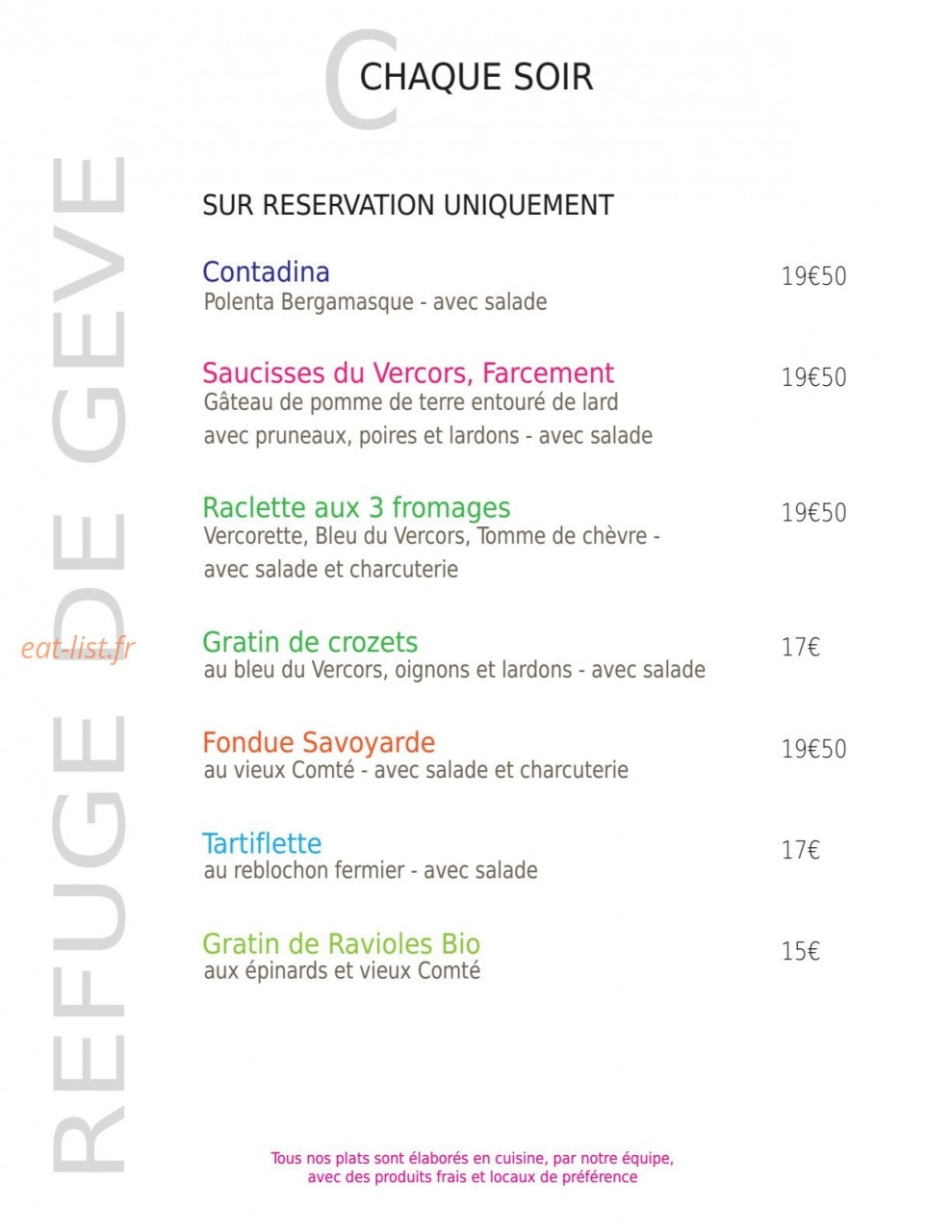 Carte et menu de Refuge de Gève à Autrans-Méaudre en Vercors — Plats du soir