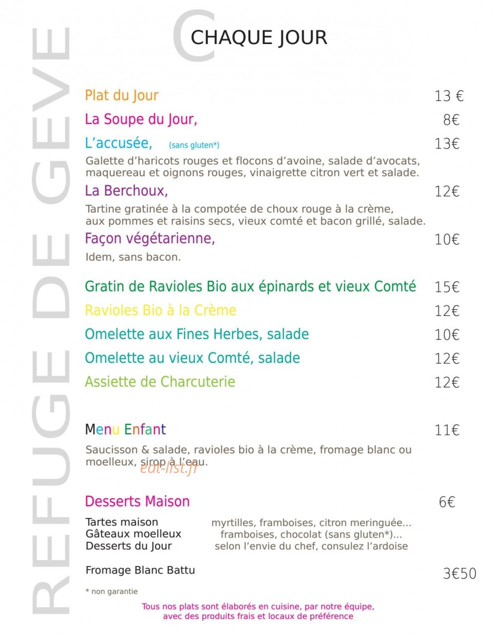 Carte et menu de Refuge de Gève à Autrans-Méaudre en Vercors — Plats du jour, menu enfant et desserts
