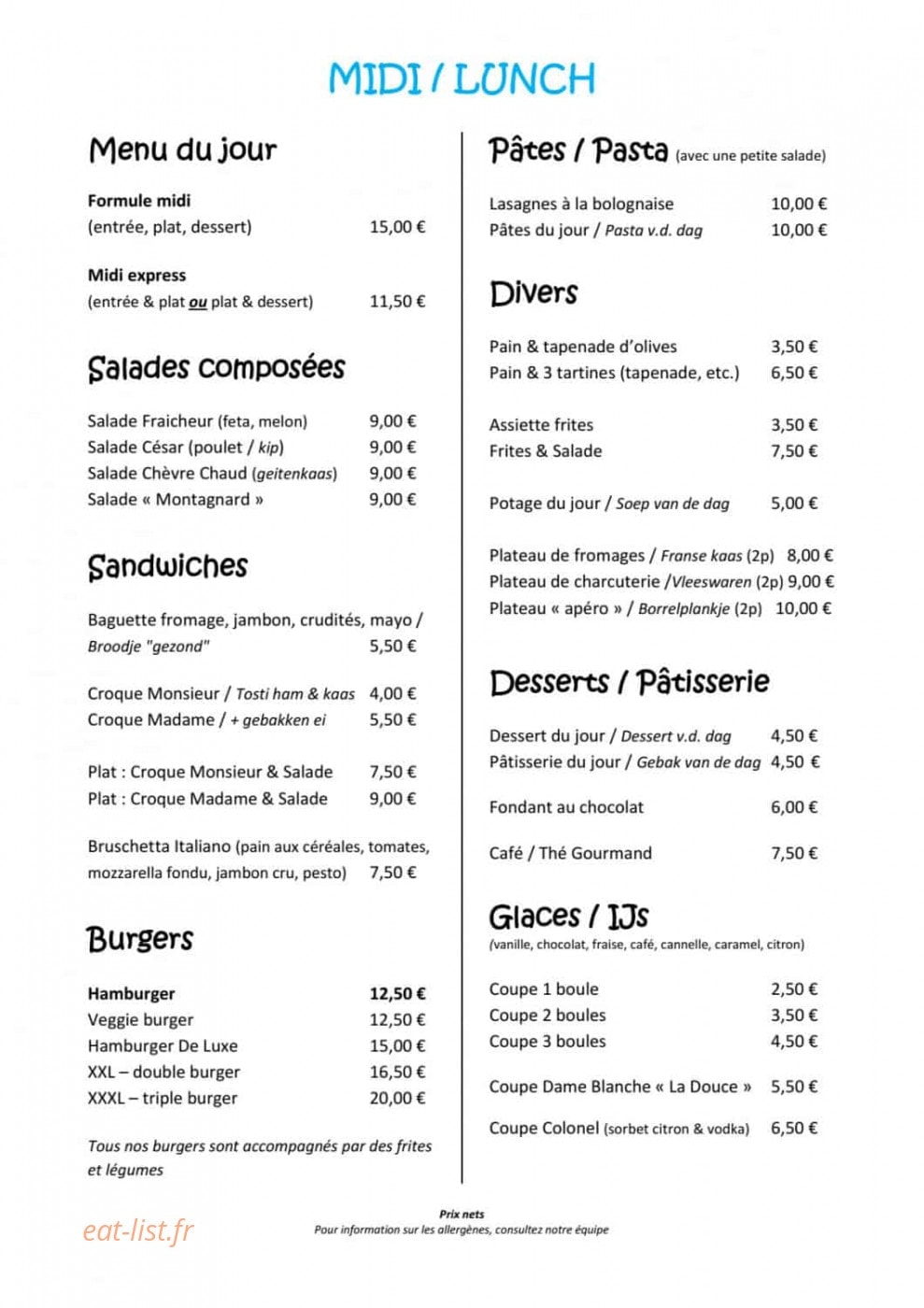 Auberge La Douce Montagne — carte page 1
