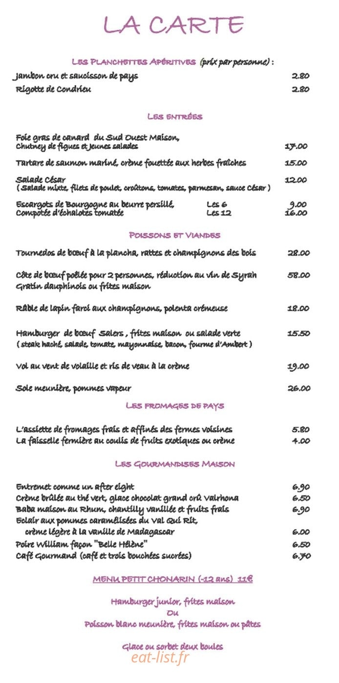 Carte et menu de Le Cottage de Clairefontaine à Chonas l'Amballan — La carte