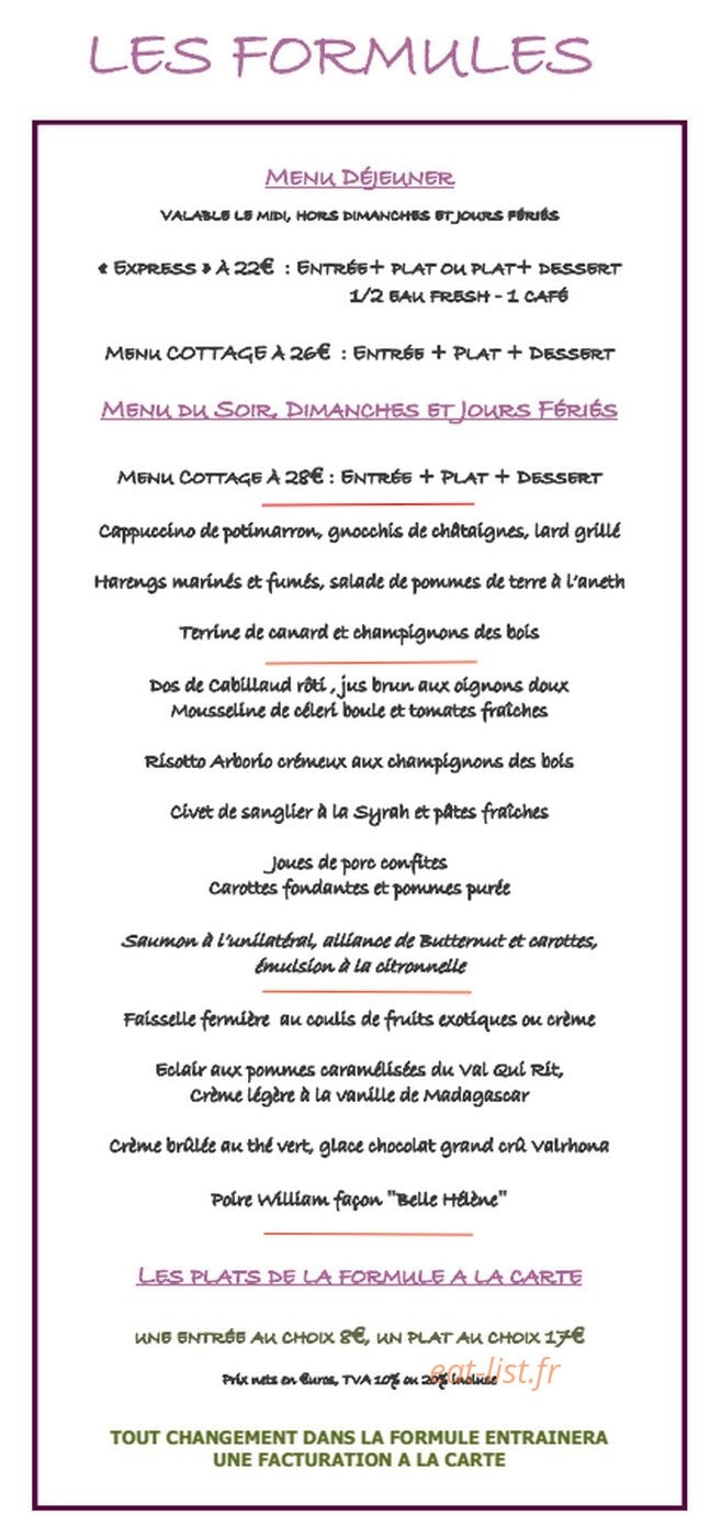 Carte et menu de Le Cottage de Clairefontaine à Chonas l'Amballan — Les formules