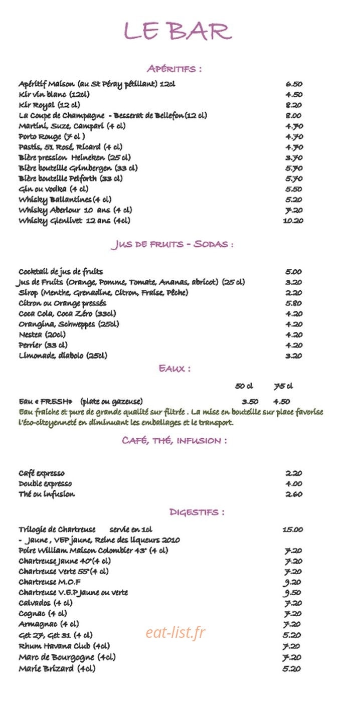 Carte et menu de Le Cottage de Clairefontaine à Chonas l'Amballan — Le bar