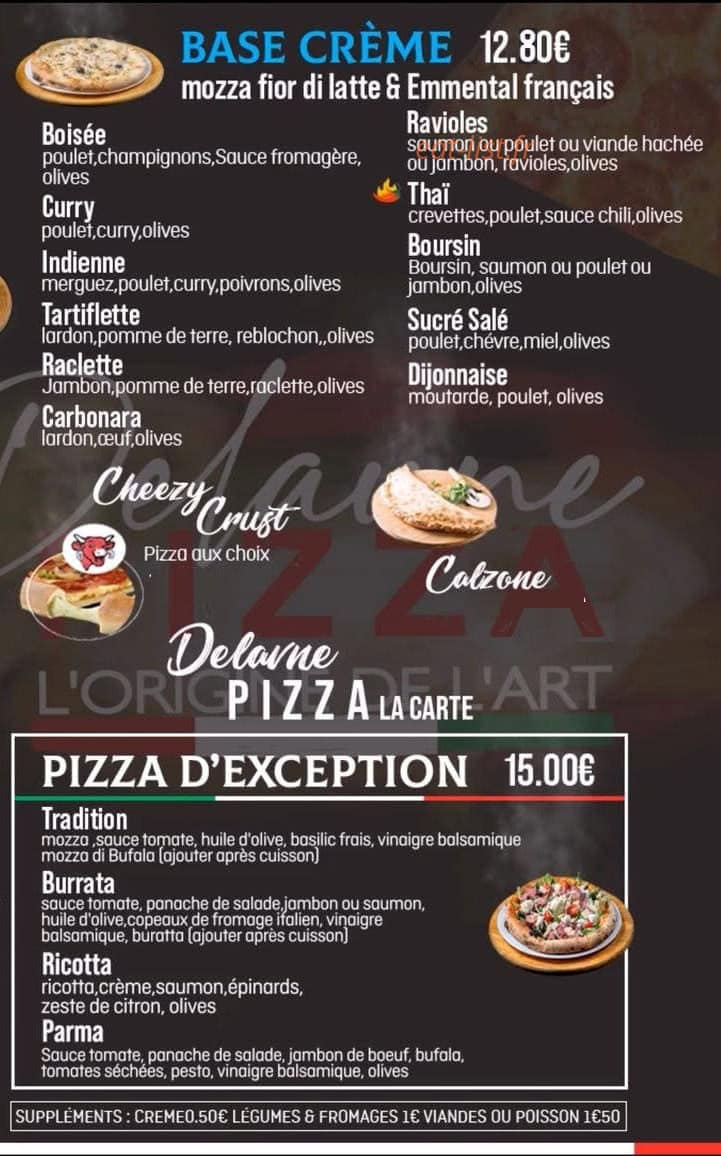 Carte et menu de Delaune Pizza à Echirolles — Pizzas base crème et d'exception