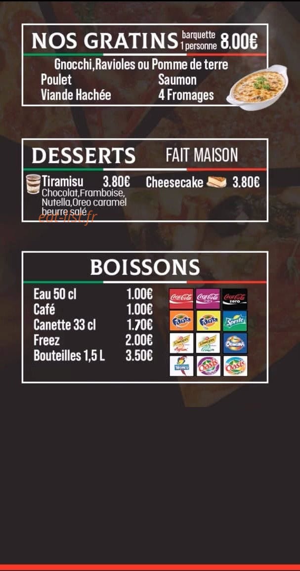 Carte et menu de Delaune Pizza à Echirolles — Gratin, desserts et boissons