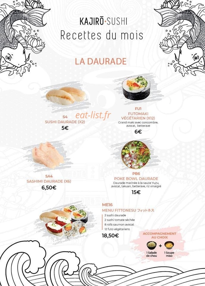 Kajirō sushi — carte page 1