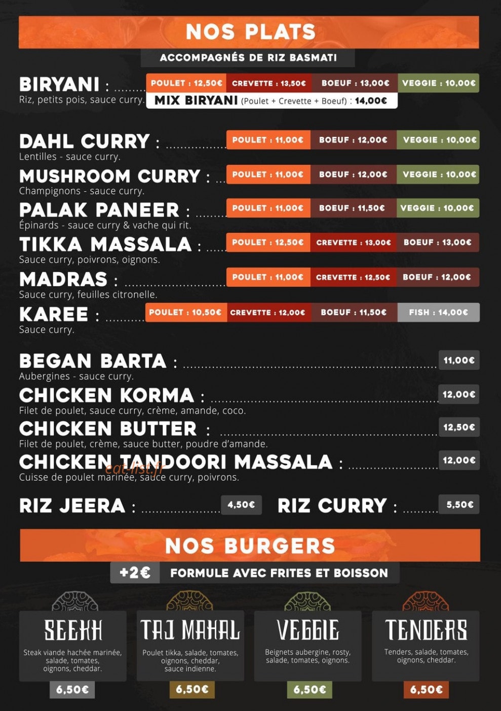 Carte et menu de Indian Street Food à Salaise sur Sanne — Les plats, burgers