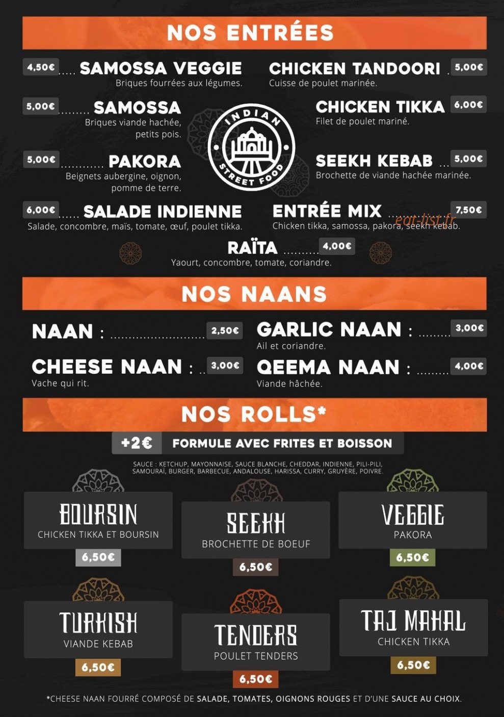 Carte et menu de Indian Street Food à Salaise sur Sanne — Les entrées, naans, ...