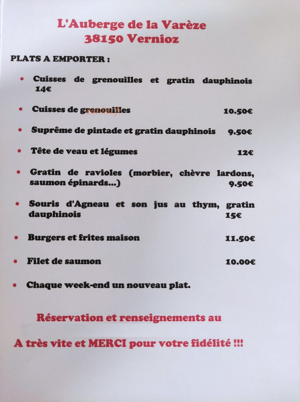 Auberge de la Varèze — carte page 1