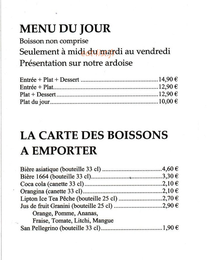 Carte et menu de La Cuisine du Vietnam à Saint Marcellin — Le menu du jour et boissons