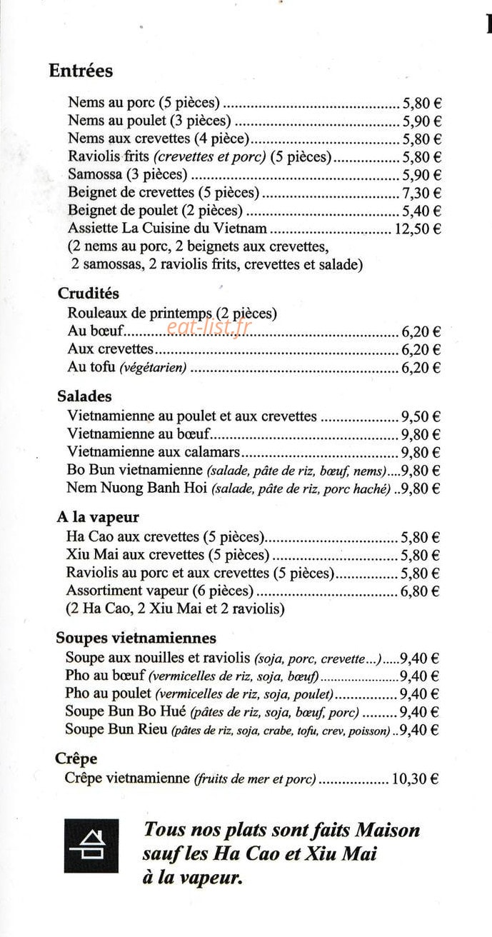 Carte et menu de La Cuisine du Vietnam à Saint Marcellin — Les entrées, salades, ...