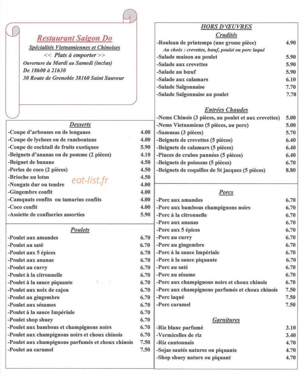 Restaurant Saigon Do — carte page 1