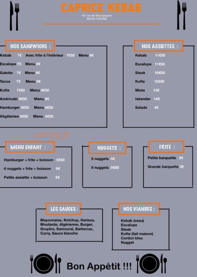Caprice Kebab — carte page 1