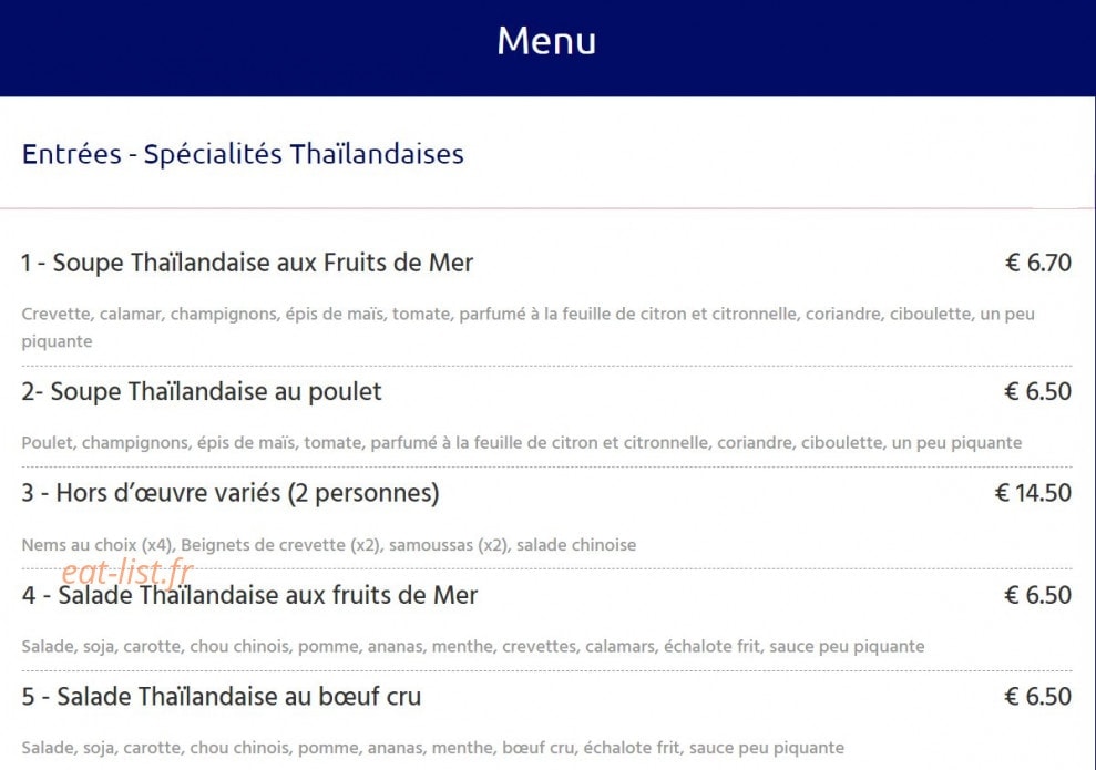 Restaurant Thai — carte page 1
