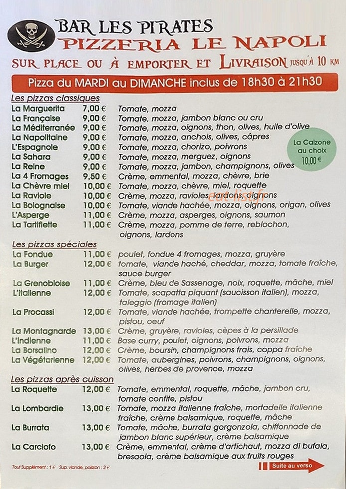 Carte et menu de Bar les pirates pizzeria le Napoli à Vizille — Les pizzas