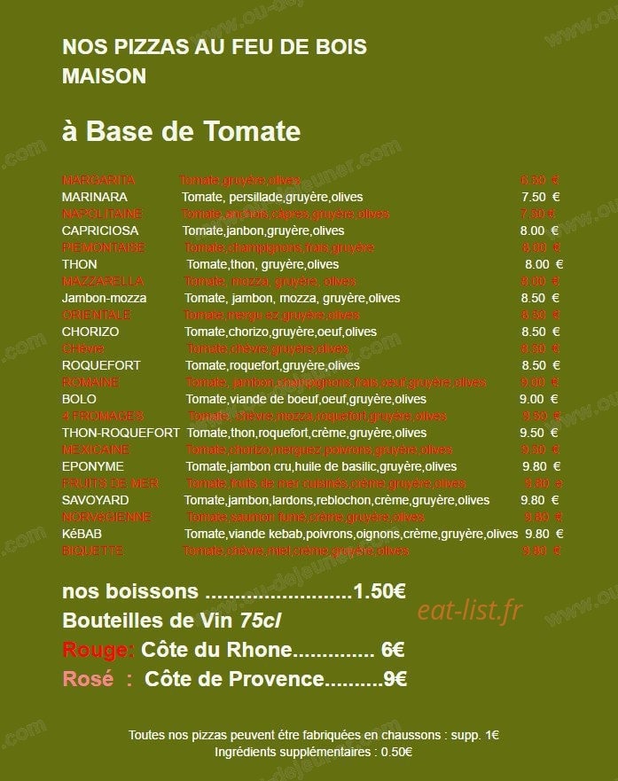 Pizza du Lac — carte page 1