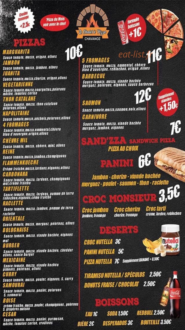 Le Chalet à Pizza — carte page 1