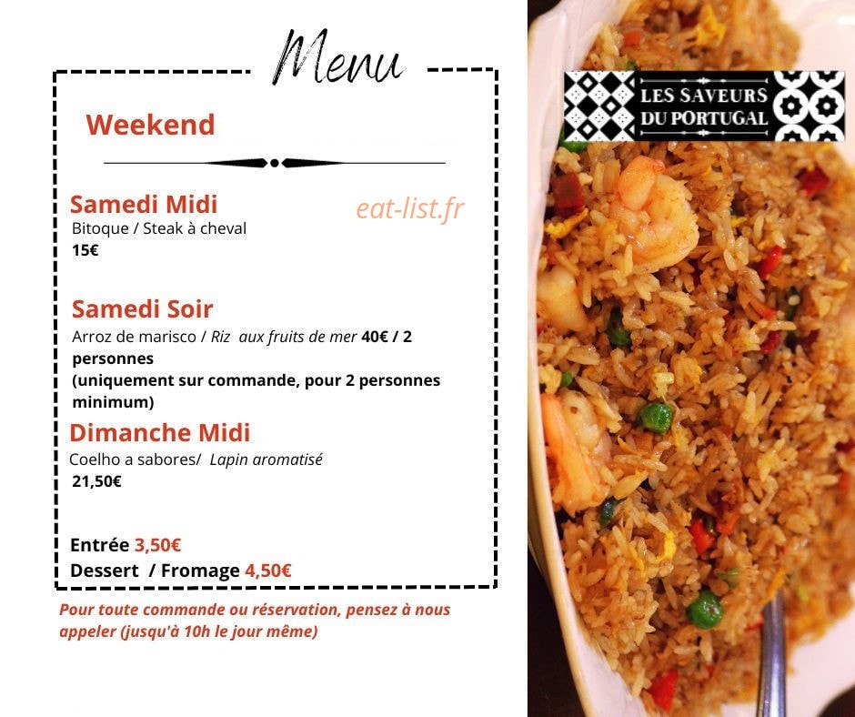 Carte et menu de Les Saveurs du Portugal à Tignieu Jameyzieu — Exemple de menu weekend