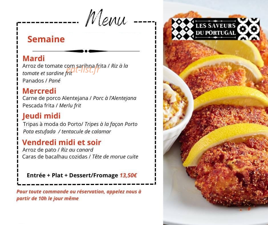 Carte et menu de Les Saveurs du Portugal à Tignieu Jameyzieu — Exemple de menu semaine