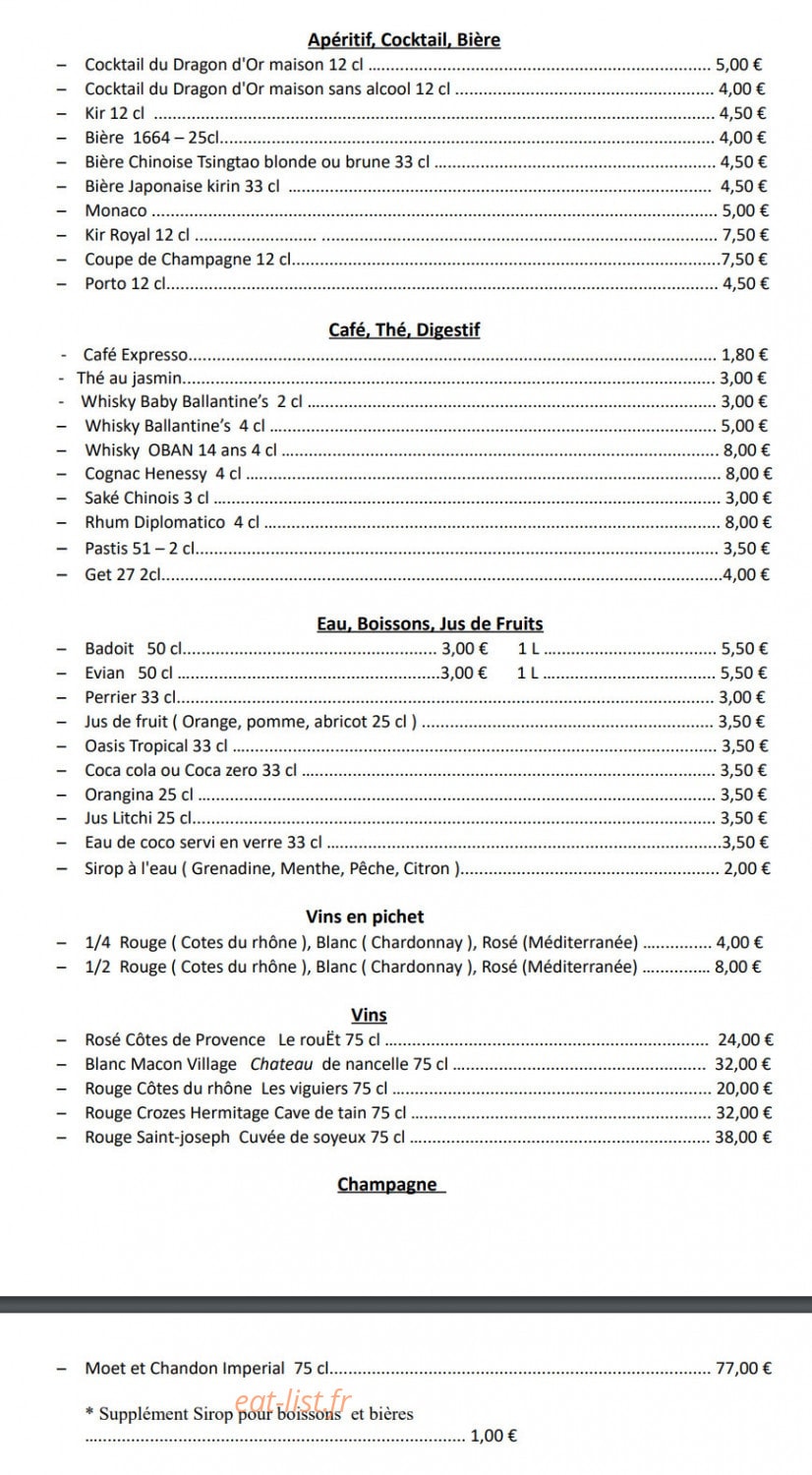 Restaurant Le dragon d'or — carte page 1