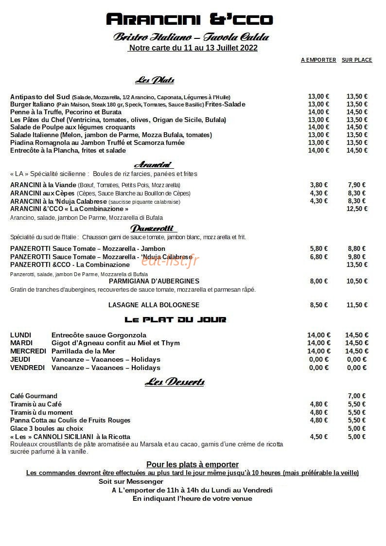 Arancini &'cco — carte page 1