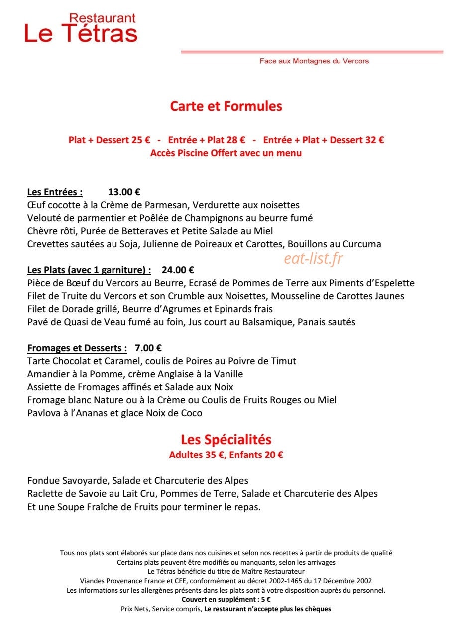 Restaurant le Tétras — carte page 1