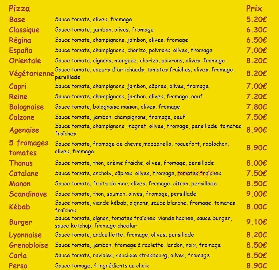 Bella Pizza — carte page 1