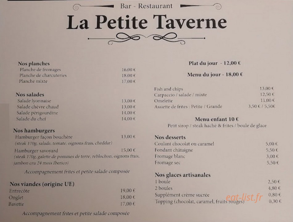 La Petite Taverne — carte page 1