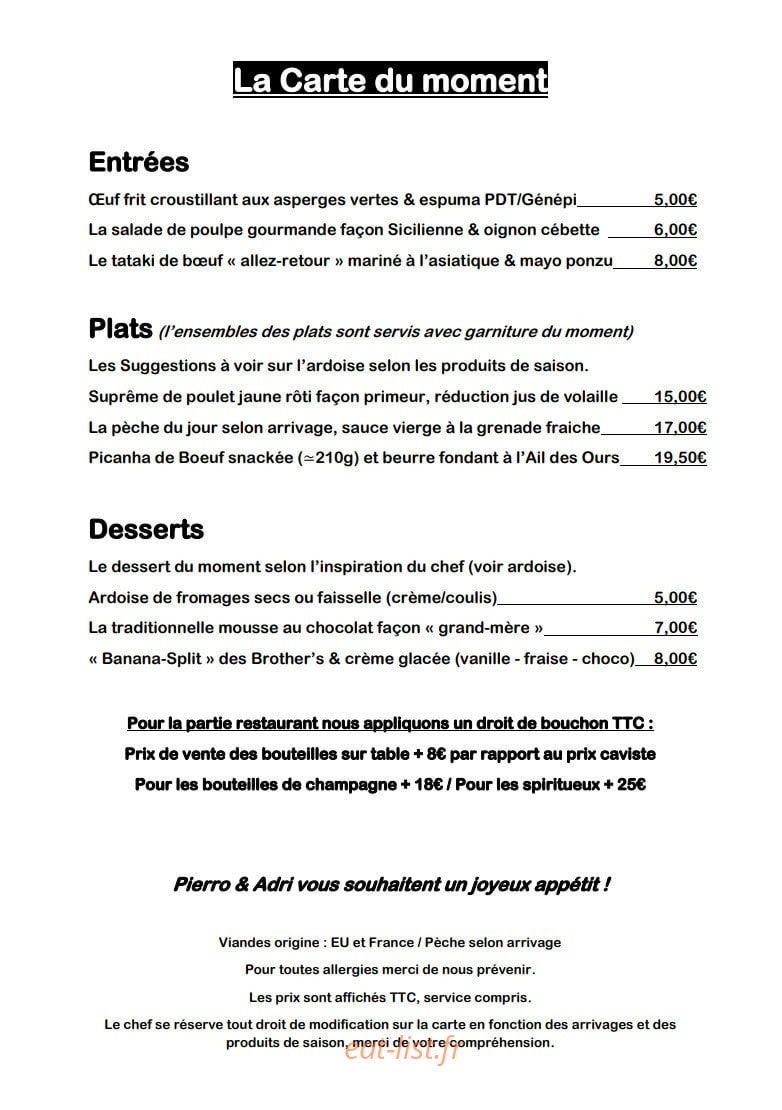 Brother’s Fine Food — carte page 1