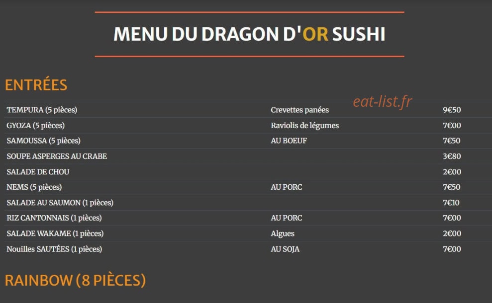 Dragon d'or sushi — carte page 1