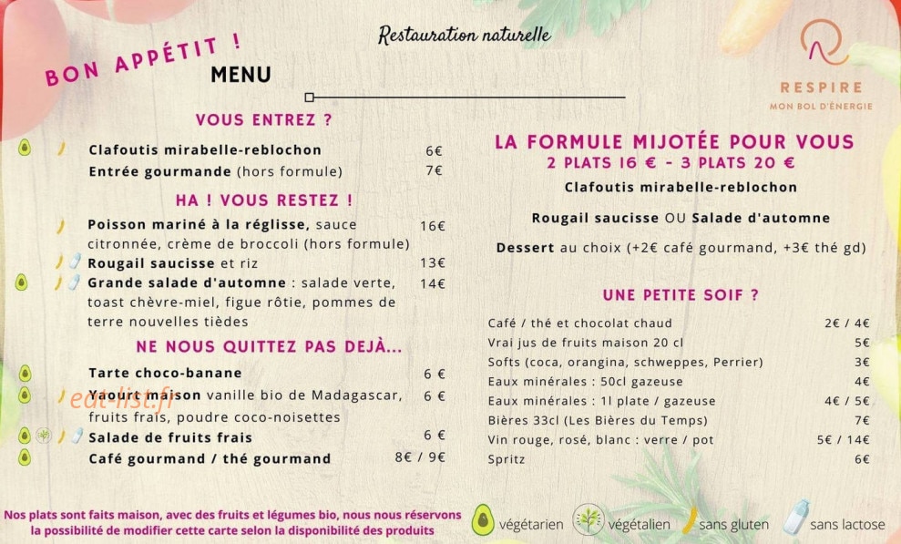 Respire Restaurant — carte page 1