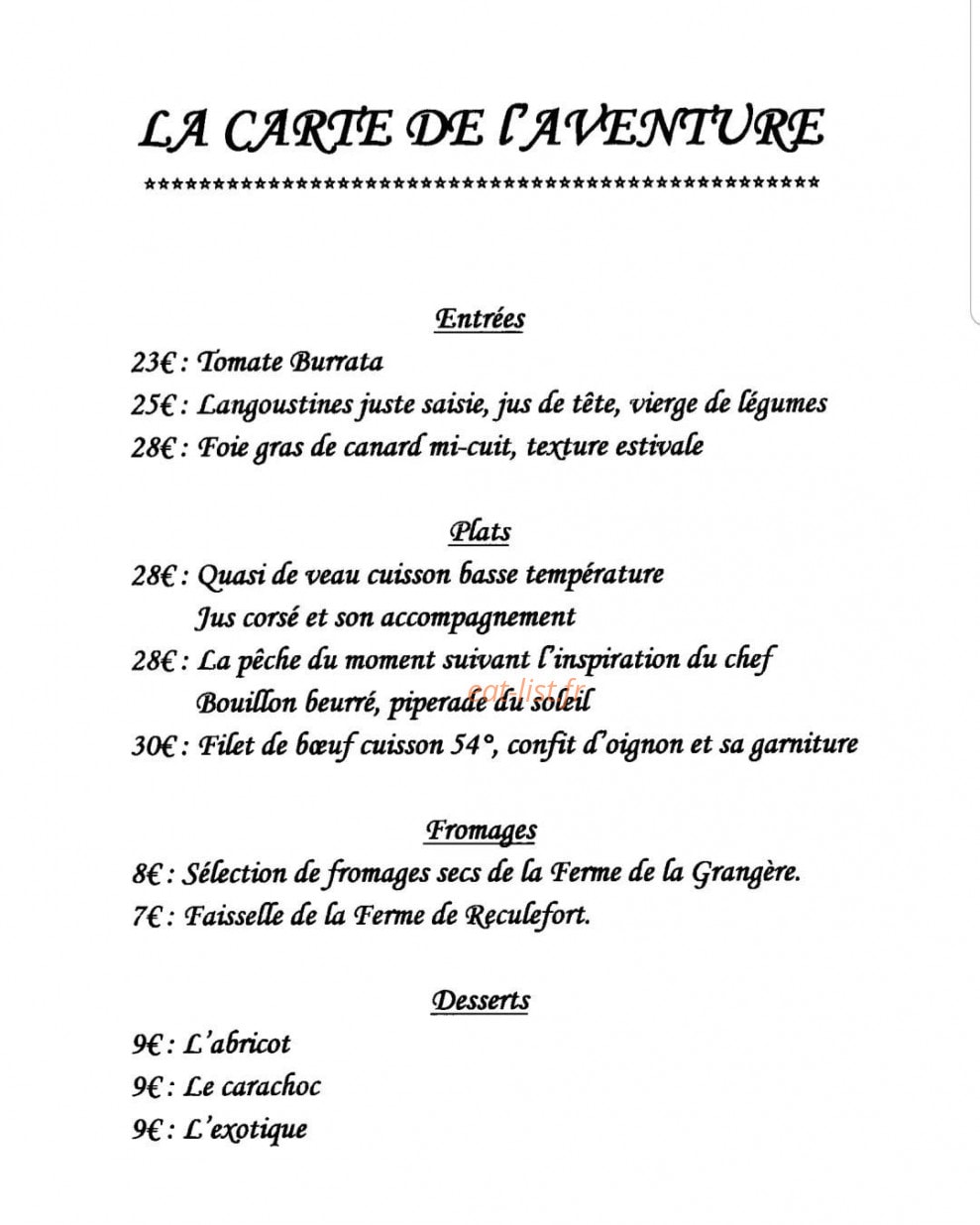 Restaurant l'aventure — carte page 1