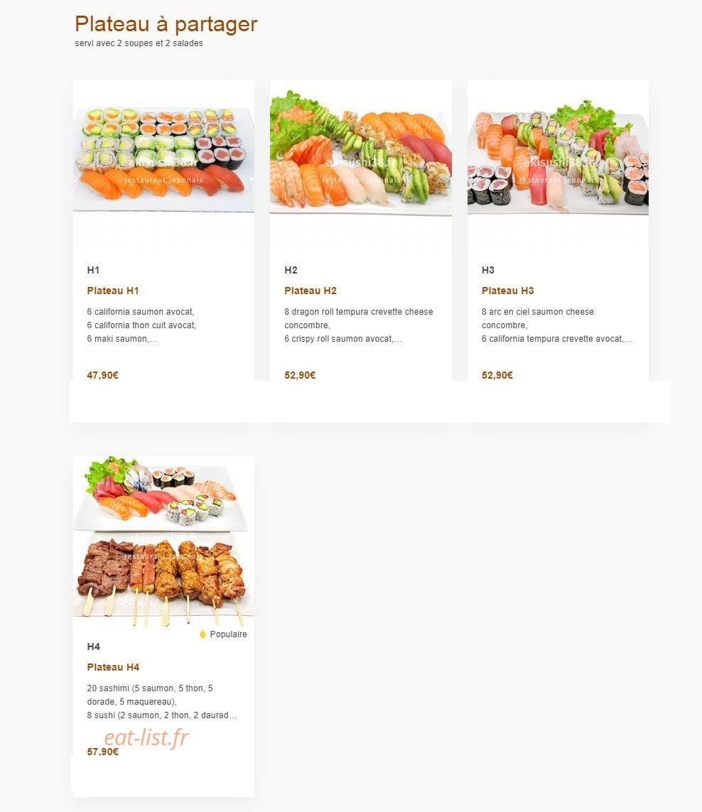 Carte et menu de Aki sushi à Montbonnot Saint Martin — Les plateaux a partager