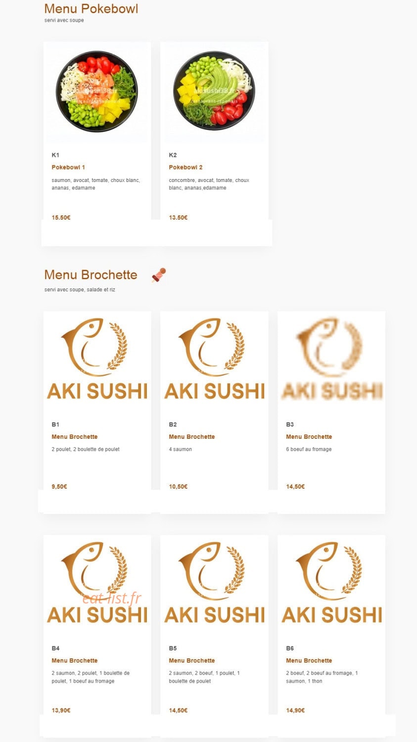 Carte et menu de Aki sushi à Montbonnot Saint Martin — Les menus poke bowl et menu brochettes