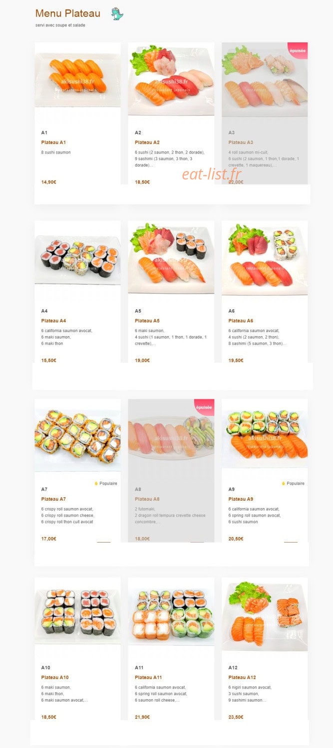 Carte et menu de Aki sushi à Montbonnot Saint Martin — Les menus plateaux