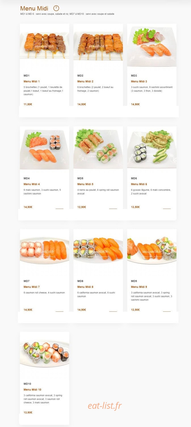 Carte et menu de Aki sushi à Montbonnot Saint Martin — Les menus midi