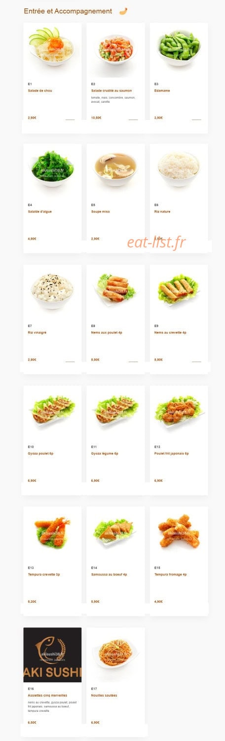 Carte et menu de Aki sushi à Montbonnot Saint Martin — Les entrées et accompagnement