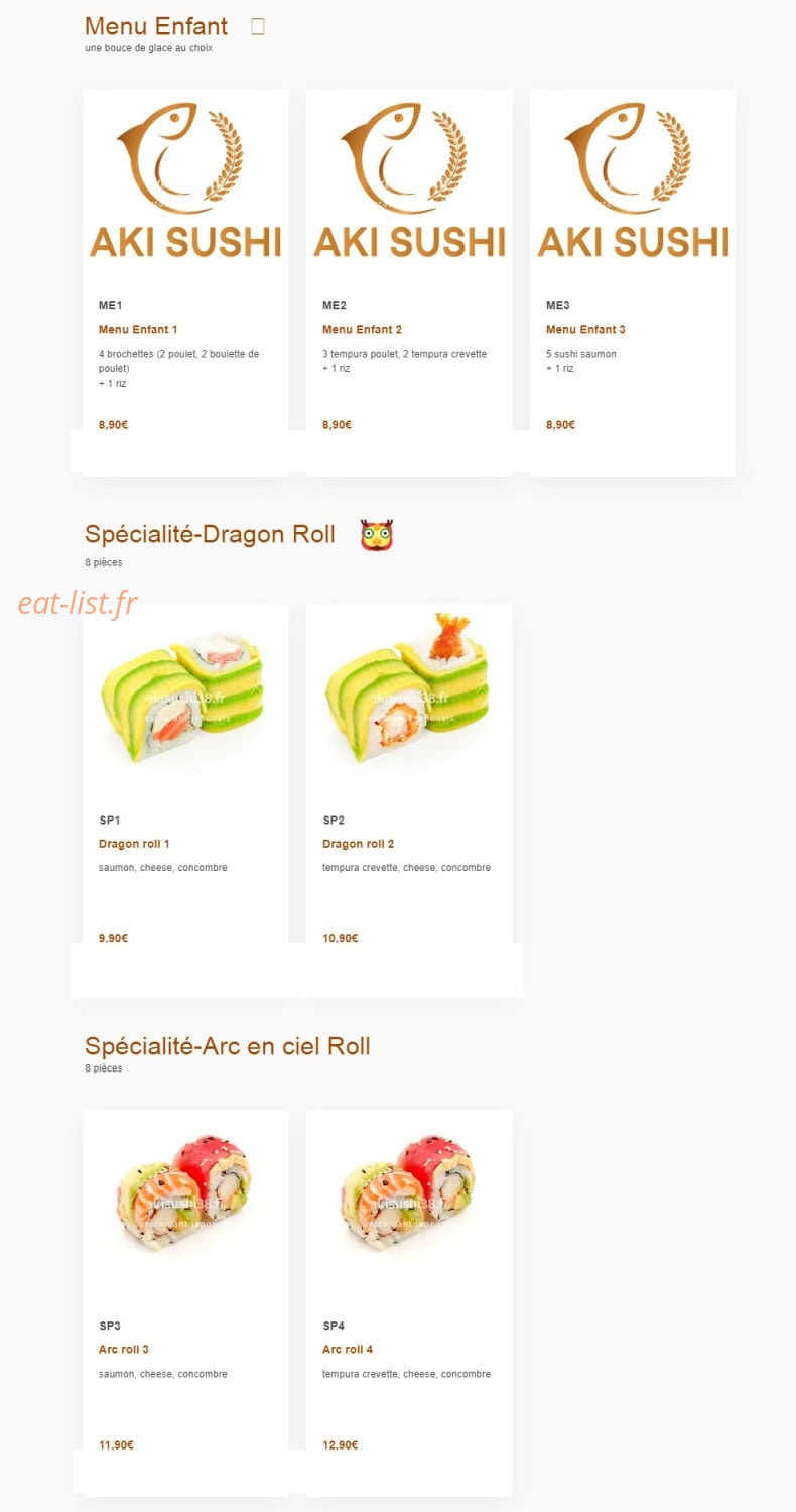 Carte et menu de Aki sushi à Montbonnot Saint Martin — Les menu enfant , menus dragon roll et menus arc en ciel roll