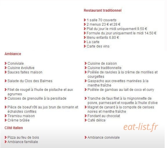 Restaurant Le Clos des Balmes — carte page 1