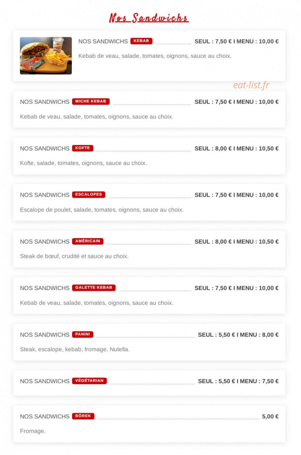 St Clair Kebab — carte page 1