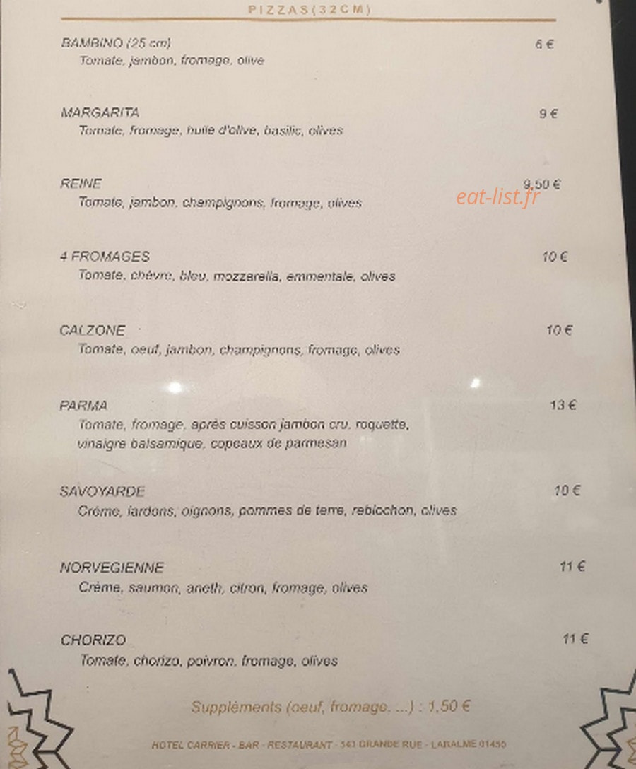 Hôtel restaurant Carrier — carte page 1