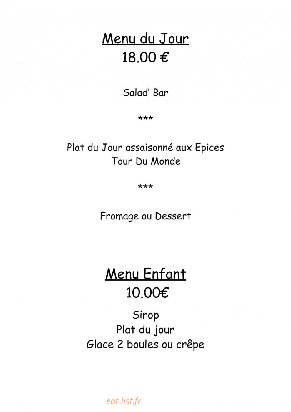 Carte et menu de Le Tour du Monde en Epices à La Balme les Grottes — Le menu du jour