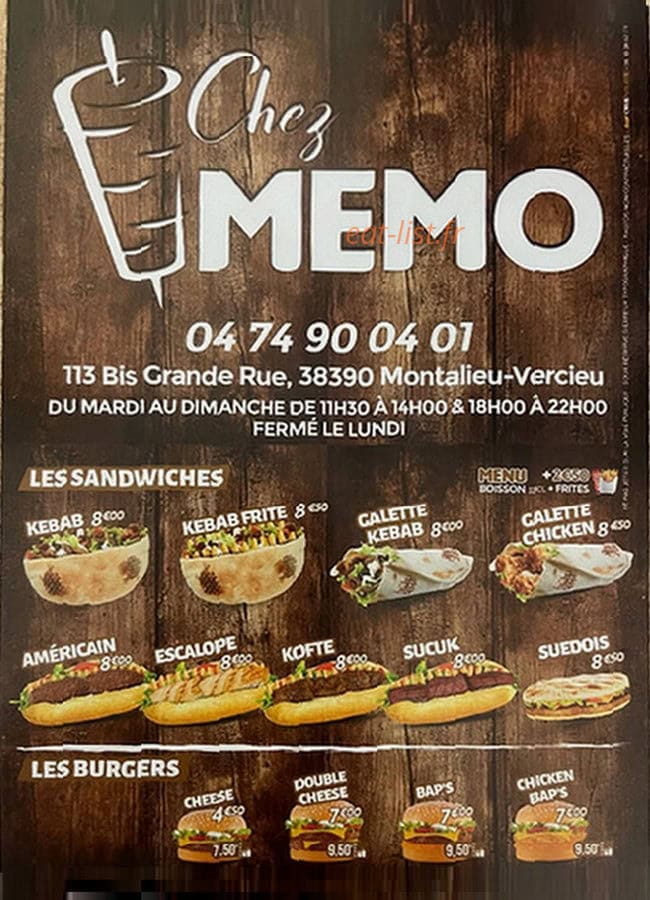 Carte et menu de Chez Memo à Montalieu Vercieu — Les sandwichs et burgers