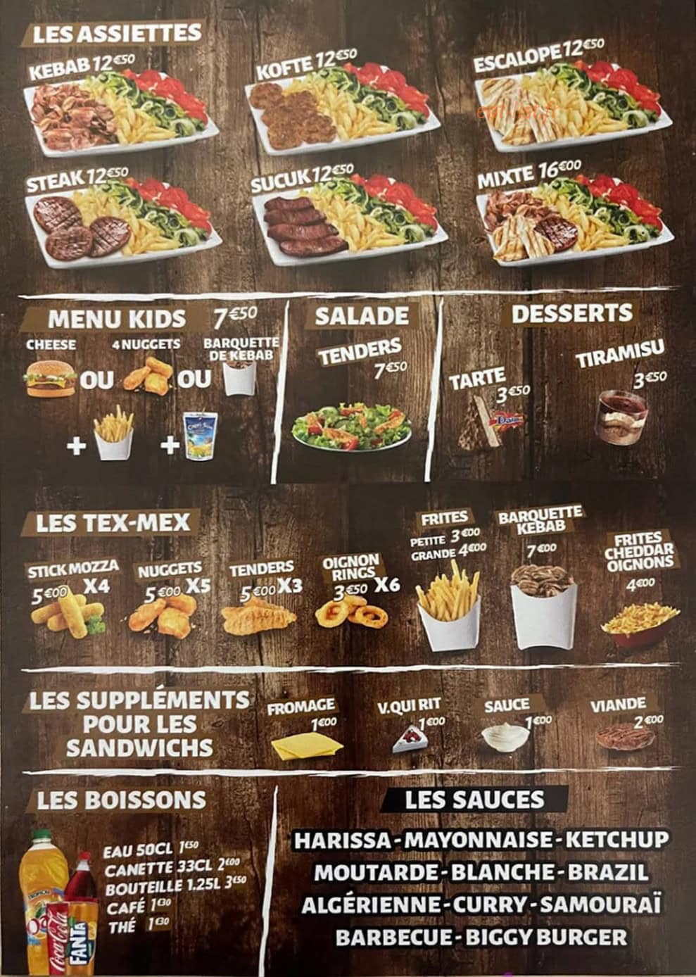 Carte et menu de Chez Memo à Montalieu Vercieu — Les assiettes, menu kids, sauces, desserts et boissons