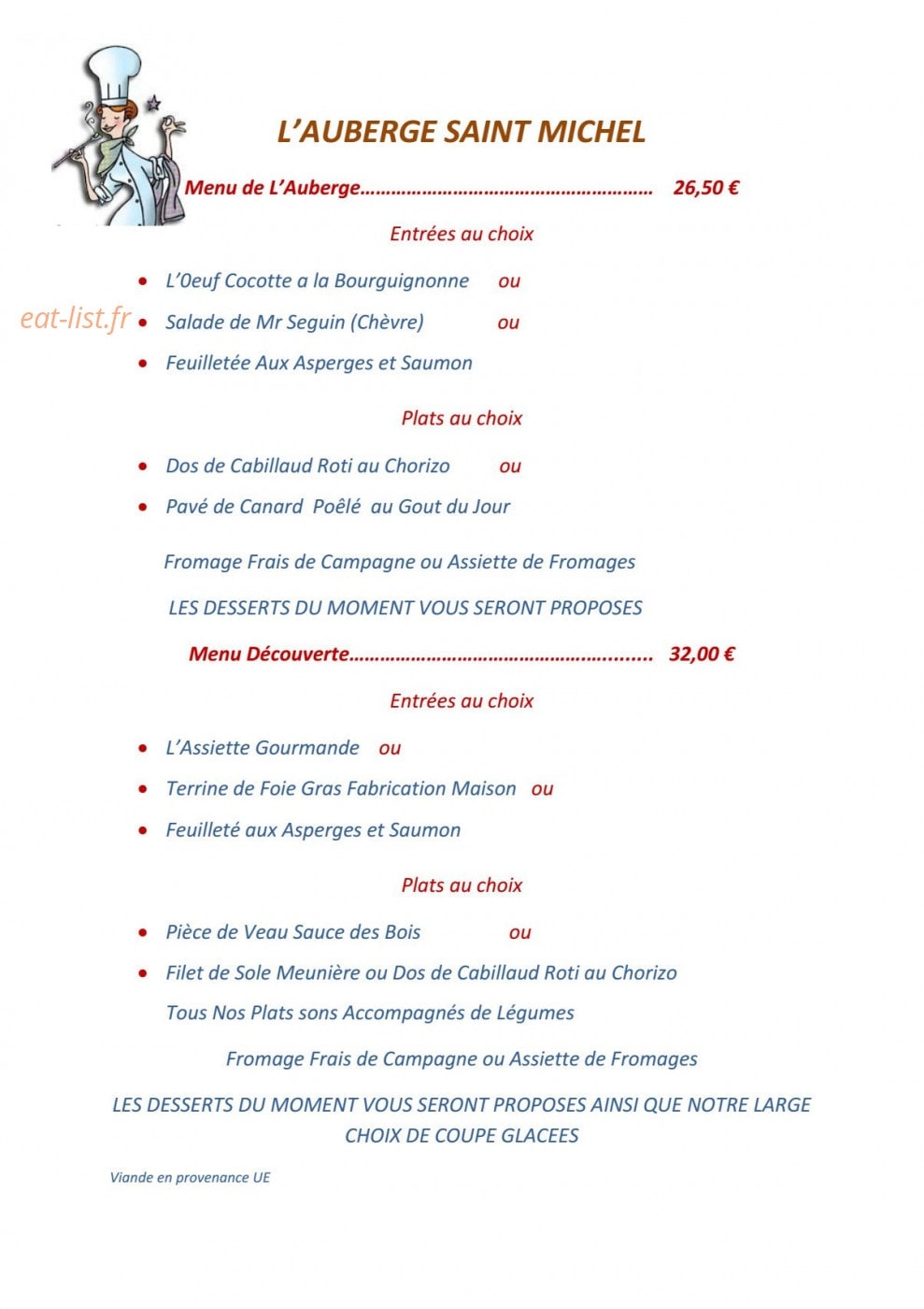 Auberge Saint Michel — carte page 2