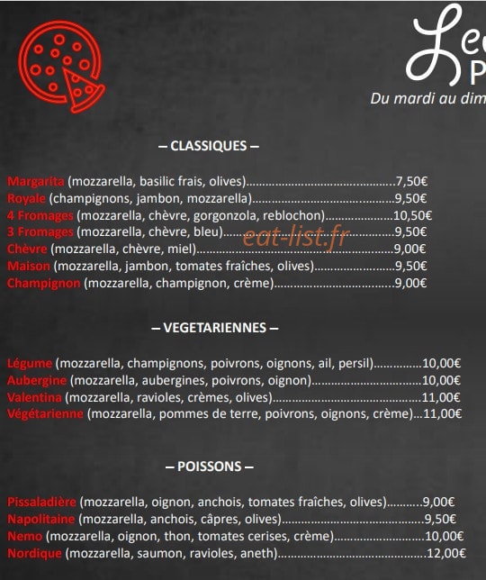 Leonita Pizza — carte page 1